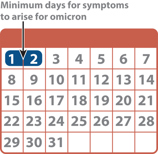 Drawing of a calendar that shows the minimum days for symptoms to arrive for omicron variant is 2 days.